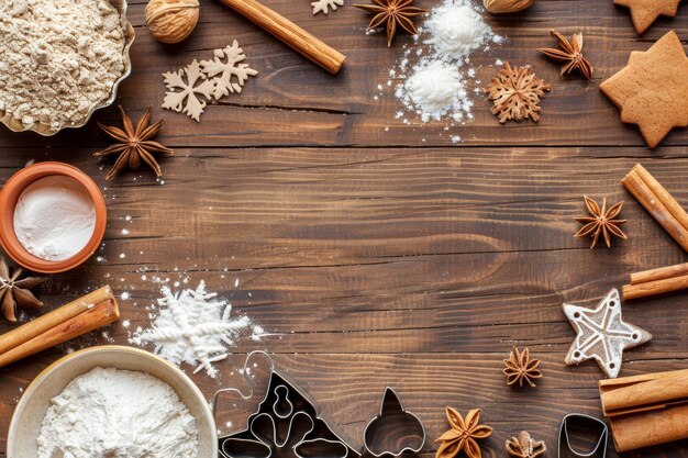 Photo a topdown view of christmas baking ingredients like flour cinnamon sticks and cookie cutters arr