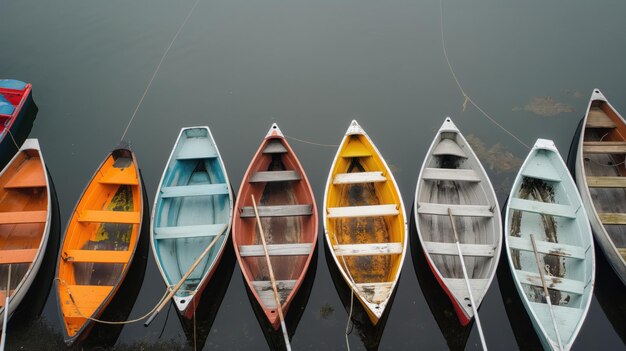 Photo a topdown view of colorful rowboats tied to a dock on calm water