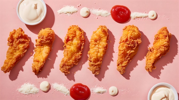 TopDown View of Crispy Chicken Fingers with Dipping Sauces