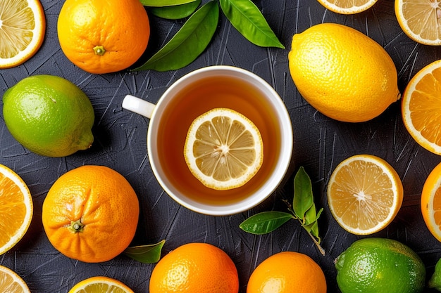 Photo a topdown view of a cup of lemon tea surrounded by various citrus fruits