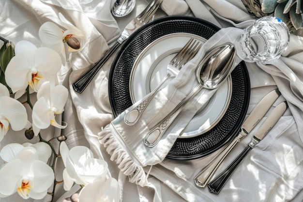 A topdown view of an elegant dining table setting