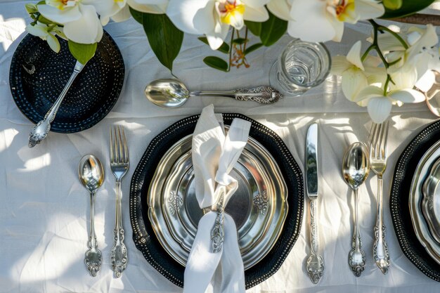 A topdown view of an elegant dining table setting