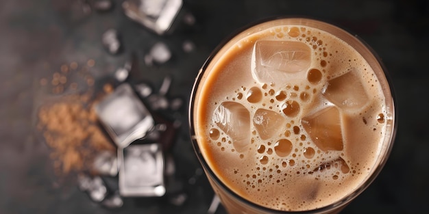 Topdown view of iced latte in glass with ice cubes Concept Food Photography Iced Coffee TopDown Shot Beverage Styling Ice Cubes