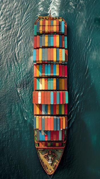 Photo a topdown view of a large cargo ship at sea loaded with colorful containers