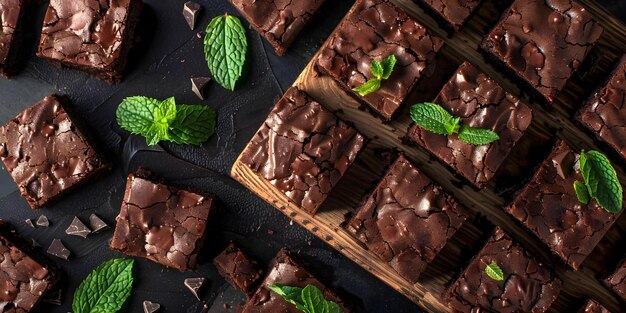 Photo topdown view of mint chocolate brownies with creme de menthe and mint leaves concept food photography mint chocolate brownies topdown shots creme de menthe mint leaves