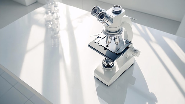 A topdown view of a modern microscope in clean hightech laboratory setting The microscope is placed