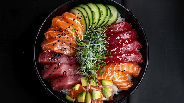 Photo topdown view rainbow sashimi bowl with sushi rice avocado cucumber and sesame seeds