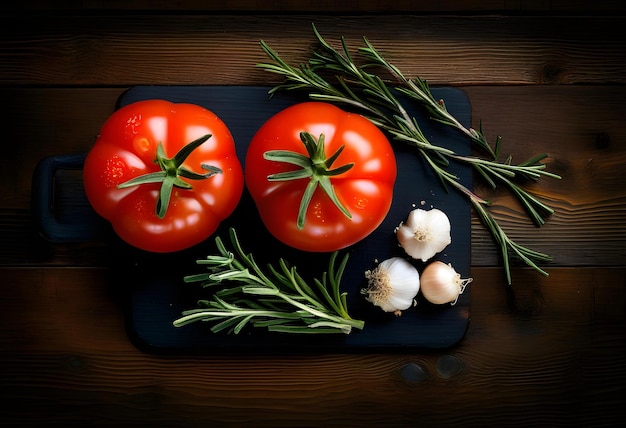 A topdown view of a ripe tomato fresh rosemary and garlic cloves on a dark wooden background