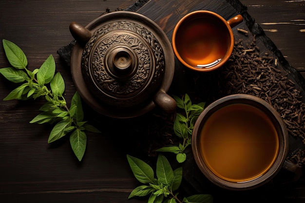 A topdown view of a teapot and two cups containing freshly brewed tea with fresh tea leaves arrang