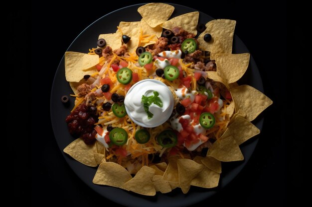 Photo topdown view of a tempting platter of nachos with an array of delicious toppings