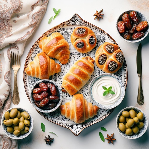 TopDown View of Traditional Iftar Spread with Pastries Dates Olives and Labneh on Decorative Platte