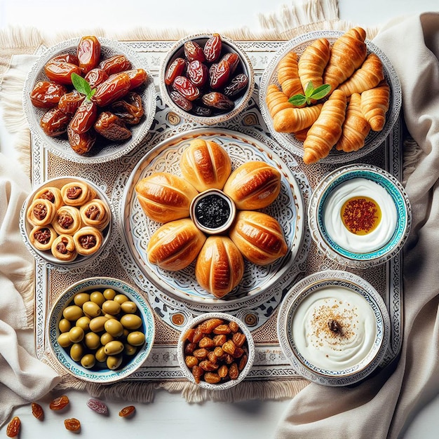 TopDown View of Traditional Iftar Spread with Pastries Dates Olives and Labneh on Decorative Platte