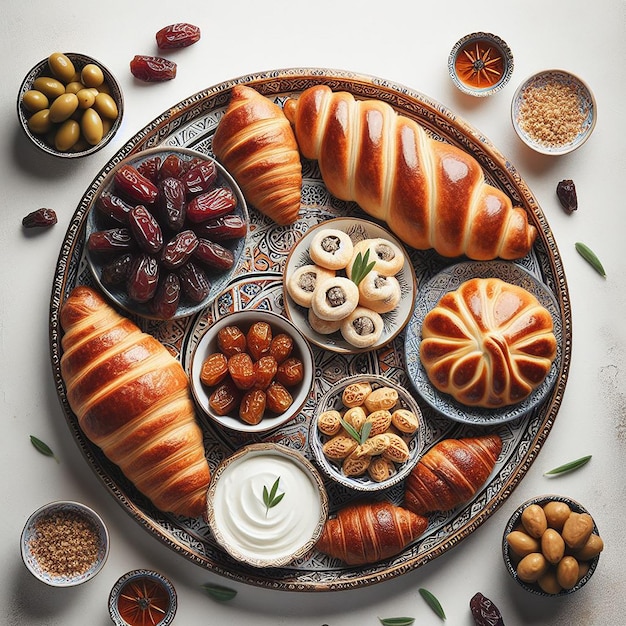 TopDown View of Traditional Iftar Spread with Pastries Dates Olives and Labneh on Decorative Platte