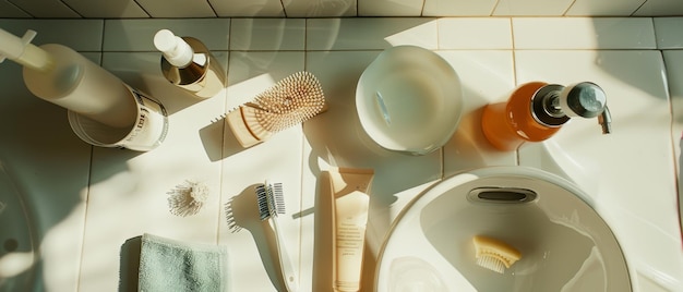 Photo a topdown view of various grooming and skincare products neatly arranged on a white tiled bathroom counter under soft natural light