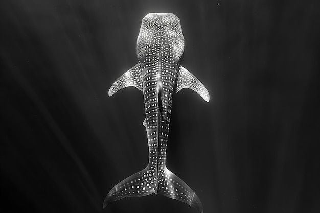 A topdown view of a whale shark in the dark ocean in grayscale style