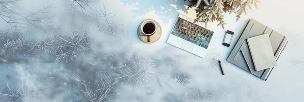 Photo a topdown view of a workspace with a cup of coffee a notepad a pen a smartphone and a lapto