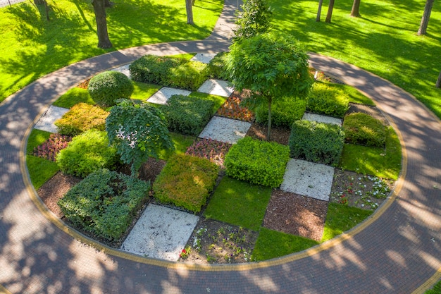 Topiary flower bed with trees and shrubs trimmed into geometric shapes. Carefully cared for by the gardener. Aerial view.