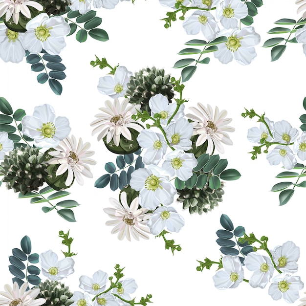 Topical natural with white flower and cactus seamless pattern