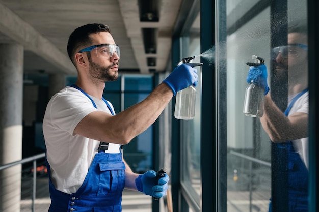 Photo topquality window cleaning services with safety equipment expert room and window cleaning service