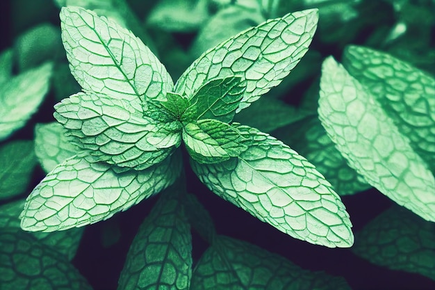 Tops with leaves of fresh sprigs of peppermint closeup with veins