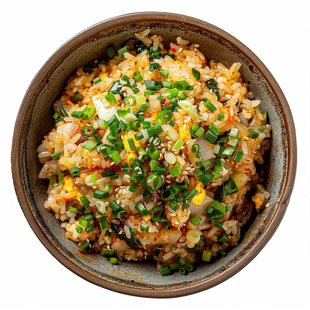 Photo topshot of korean fried rice with white rice and log colour