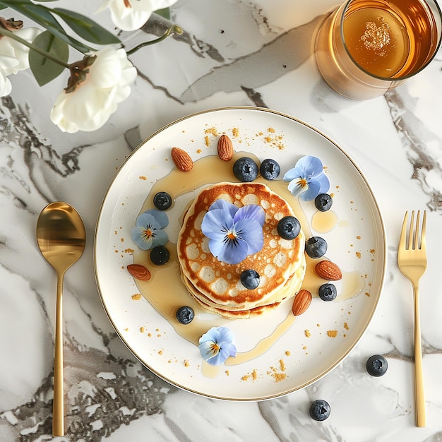 topshot view of a marble beige table on table white plate with pancakes with light blue pansies flo