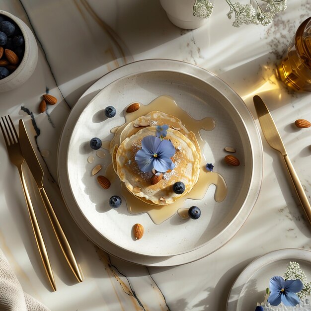 topshot view of a marble beige table on table white plate with pancakes with light blue pansies flo