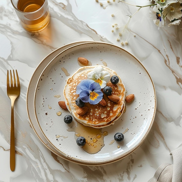 topshot view of a marble beige table on table white plate with pancakes with light blue pansies flo