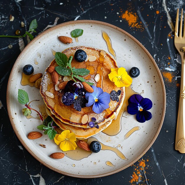 topshot view of a marble beige table on table white plate with pancakes with light blue pansies flo