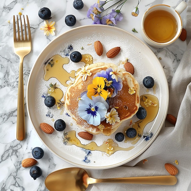 topshot view of a marble beige table on table white plate with pancakes with light blue pansies flo