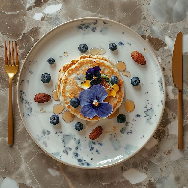 Photo topshot view of a marble beige table on table white plate with pancakes with light blue pansies flo