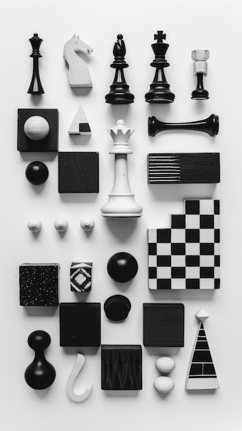 Photo topview arrangement of various chess pieces