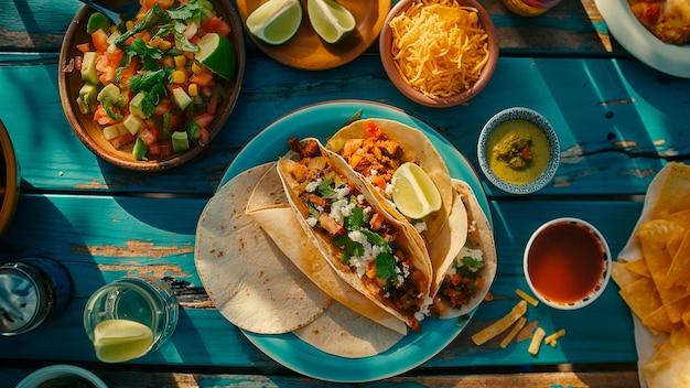 Topview mexican food on vibrant colors table