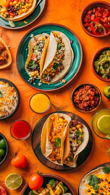 Topview mexican food on vibrant colors table