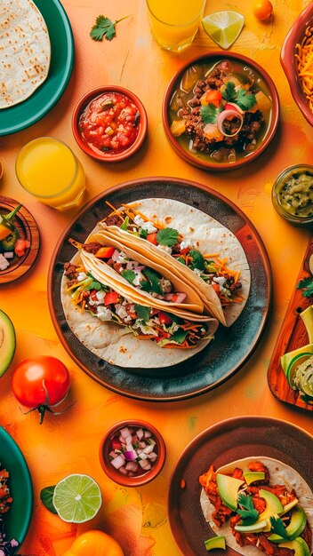 Topview mexican food on vibrant colors table