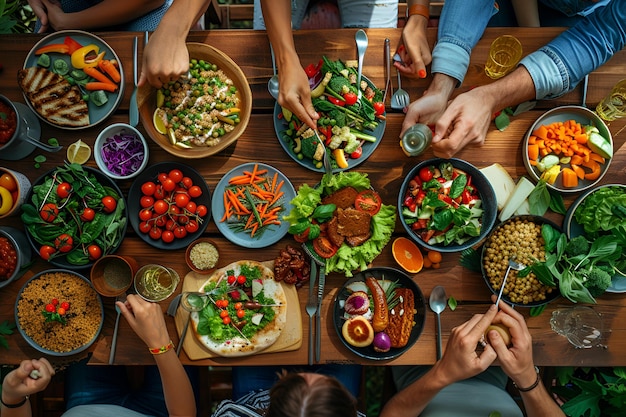 TopView Shot of Friends Enjoying Healthy Dishes at Dining Table Showcasing Clean Eating and Variet