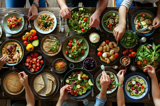 Photo topview shot of friends enjoying healthy dishes at dining table showcasing clean eating and variet