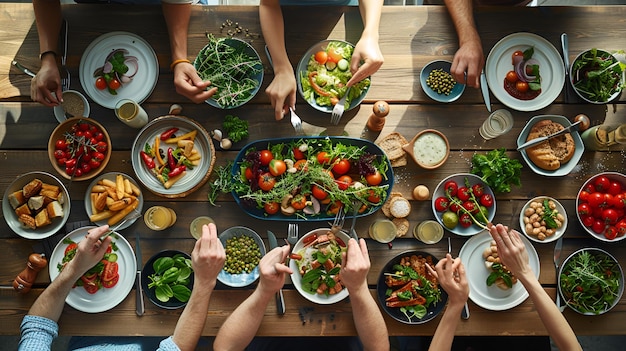 TopView Shot of Friends Enjoying Healthy Dishes at Dining Table Showcasing Clean Eating and Variet