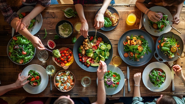 TopView Shot of Friends Enjoying Healthy Dishes at Dining Table Showcasing Clean Eating and Variet