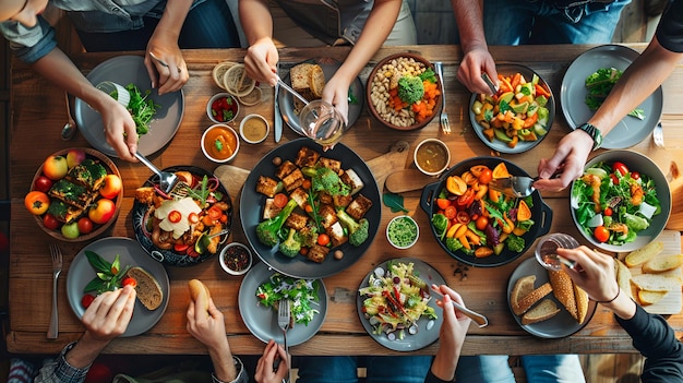 TopView Shot of Friends Enjoying Healthy Dishes at Dining Table Showcasing Clean Eating and Variet