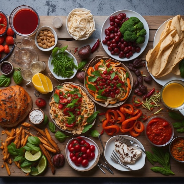 TopView Table Overflowing with Delicious Food Composition AI Generated