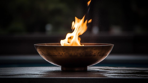 A torch is lit in a bowl with the word fire on it.