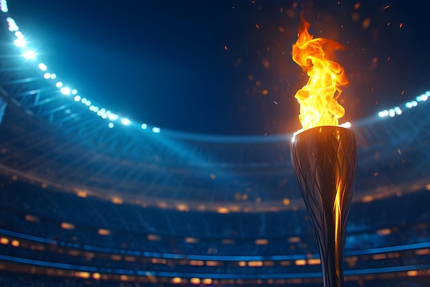 Torch with flame on blurred dark background with lights and sparkles Olympics Games Fire