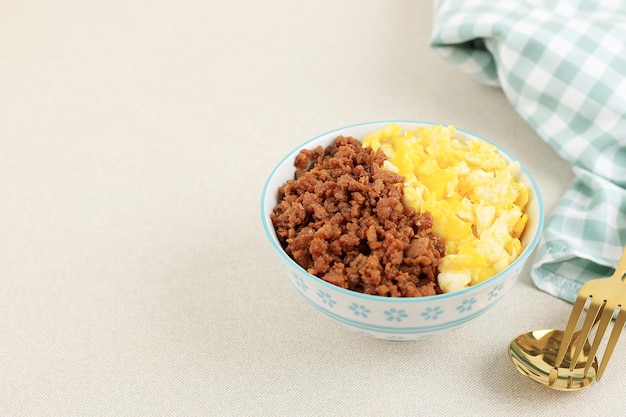 Tori Soboro Don Steam Rice Topping with Stir Fry Minced Chicken and Scrambled Egg