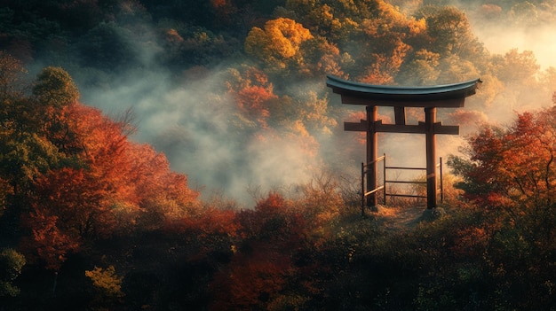 Torii Gate in a Misty Autumn Forest