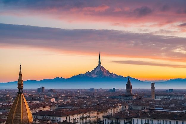 Torino skyline cityscape at sunrise with details of the mole antonelliana towering over the city scenic colorf