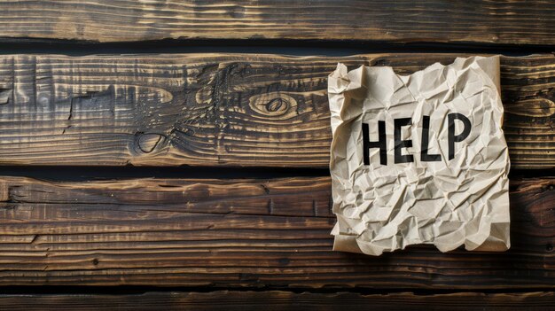 Torn HELP sign pinned on weathered wood domestic abuse Call for awareness and action