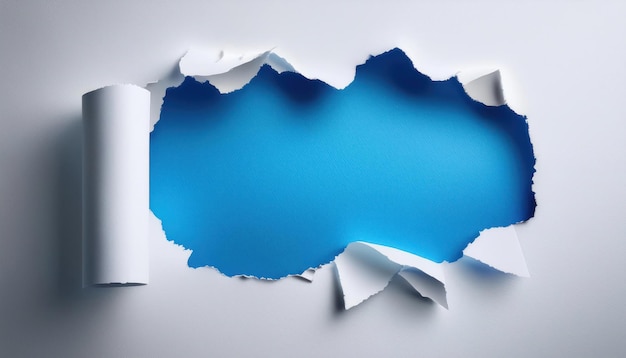 Photo torn newspaper background revealing blue shape creative design element