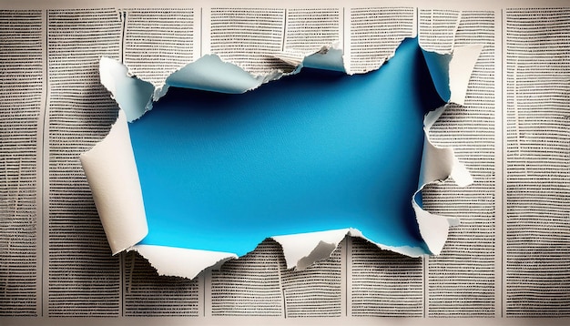 Photo torn newspaper background revealing blue shape creative design element