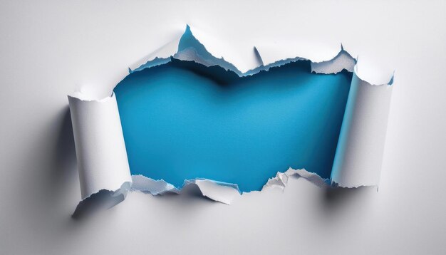 Photo torn newspaper background revealing blue shape creative design element